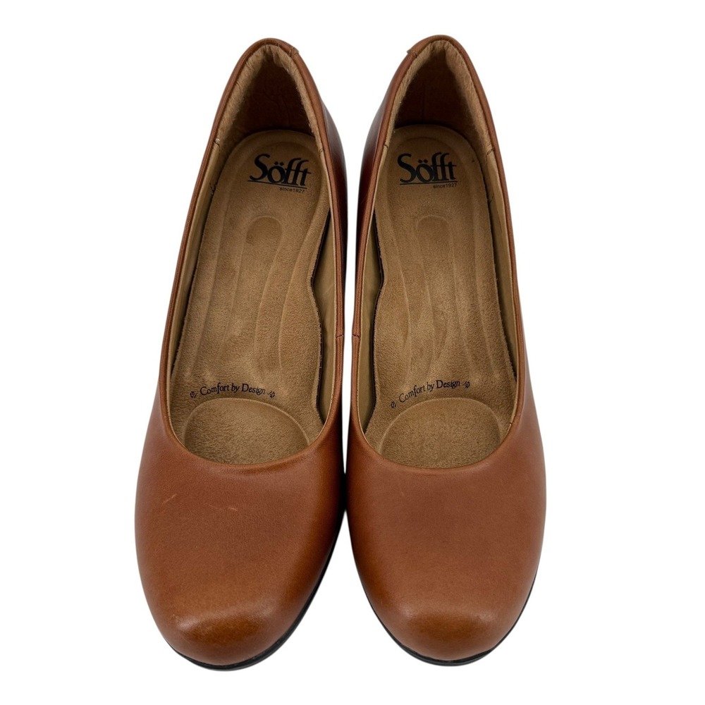 NEW Sofft Womens 7.5 Nasia Cork Brown Leather Round Toe Block Heel Comfort Pumps - Picture 3 of 6